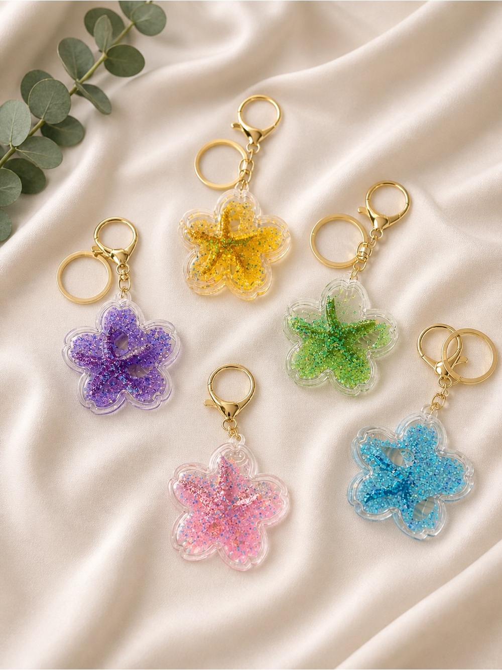 Glitter Starfish Keychain Bundle Colorful Acrylic Charm Set Beach Summer Gift